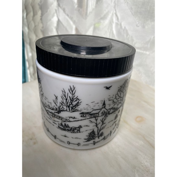 Currier and Ives Other - Vintage Milk Glass Canister Currier and Ives Winter Scene Black White Sleigh Lid